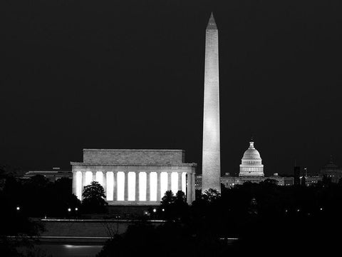 Our treasured monuments at night, Washington D.C. - Black and White Variant Black Ornate Wood Framed Art Print with Double Matting by Highmith, Carol