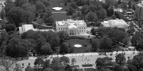 Aerial view of the White House, Washington, D.C. - Black and White Variant Black Ornate Wood Framed Art Print with Double Matting by Highmith, Carol