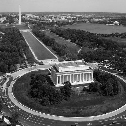 Aerial of Mall showing Lincoln Memorial, Washington Monument and the U.S. Capitol, Washington, D.C.  White Modern Wood Framed Art Print by Highmith, Carol