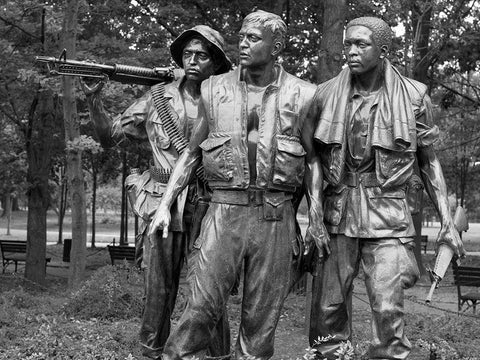 Vietnam memorial soldiers by Frederick Hart, Washington, D.C. - Black and White Variant White Modern Wood Framed Art Print with Double Matting by Highmith, Carol