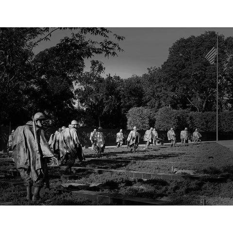 Stainless-steel troopers on patrol at the Korean War Veterans Memorial, Washington, D.C. - Black a White Modern Wood Framed Art Print by Highmith, Carol