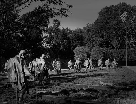 Stainless-steel troopers on patrol at the Korean War Veterans Memorial, Washington, D.C. - Black a White Modern Wood Framed Art Print with Double Matting by Highmith, Carol