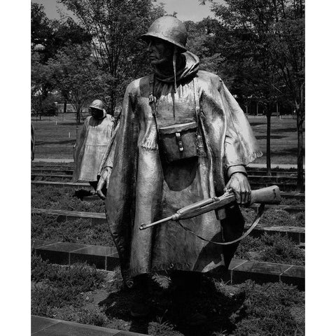 Stainless-steel trooper on patrol at the Korean War Veterans Memorial, Washington, D.C. - Black an White Modern Wood Framed Art Print by Highmith, Carol