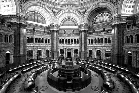 Main Reading Room. View from above showing researcher desks. Library of Congress Thomas Jefferson Bu Black Ornate Wood Framed Art Print with Double Matting by Highmith, Carol