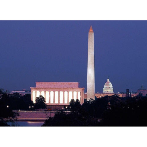 Our treasured monuments at night, Washington D.C. - Vintage Style Photo Tint Variant White Modern Wood Framed Art Print by Highmith, Carol