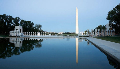 Reflecting pool on the National Mall with the Washington Monument reflected, Washington, D.C. - Vint White Modern Wood Framed Art Print with Double Matting by Highmith, Carol