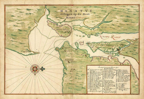 Map of New York City Region - Manatvs gelegen op de Noot Riuier, 1639 White Modern Wood Framed Art Print with Double Matting by Vinckeboons, Joan