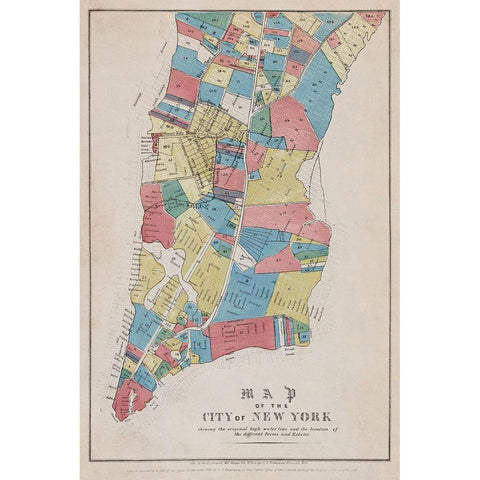 Map of the City of New York showing original high water line and the location of different Farms and White Modern Wood Framed Art Print by New York Common Council