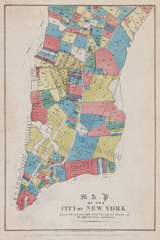 Map of the City of New York showing original high water line and the location of different Farms and White Modern Wood Framed Art Print with Double Matting by New York Common Council