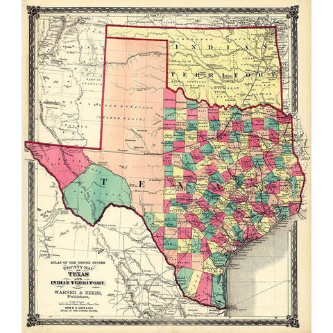County Map of Texas, and Indian Territory, 1874 Black Modern Wood Framed Art Print with Double Matting by H.H. Lloyd & Co.