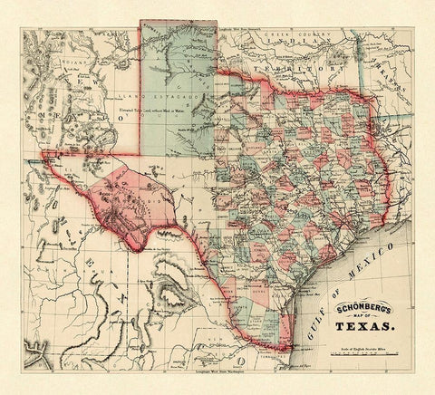 Schonbergs map of Texas, 1866 White Modern Wood Framed Art Print with Double Matting by Schonberg & Co.