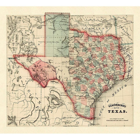 Schonbergs map of Texas, 1866 White Modern Wood Framed Art Print by Schonberg & Co.