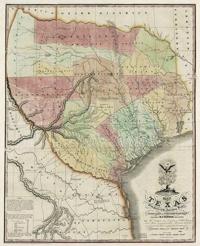 Map of Texas with parts of the adjoining states, 1837 White Modern Wood Framed Art Print with Double Matting by Tanner, Henry Schenck