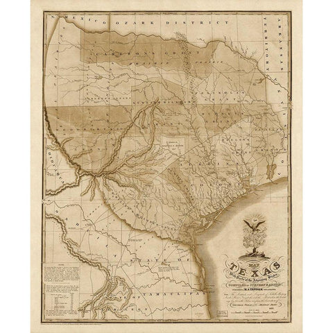 Map of Texas with parts of the adjoining states, 1837 - Decorative Sepia Gold Ornate Wood Framed Art Print with Double Matting by Tanner, Henry Schenck