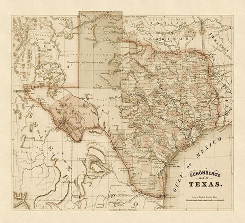 Schonbergs map of Texas, 1866 White Modern Wood Framed Art Print with Double Matting by Schonberg & Co.