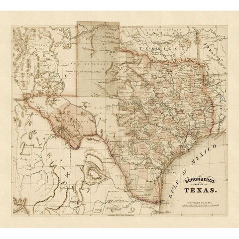Schonbergs map of Texas, 1866 Gold Ornate Wood Framed Art Print with Double Matting by Schonberg & Co.