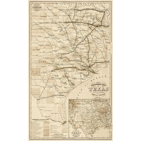 Grays railroad map of Texas - Decorative Sepia Gold Ornate Wood Framed Art Print with Double Matting by O.W. Gray & Son.