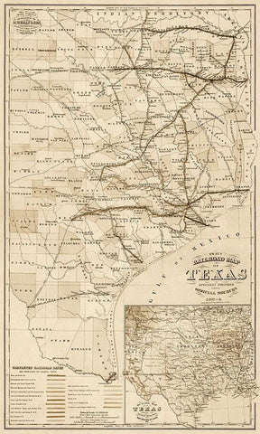 Grays railroad map of Texas - Decorative Sepia White Modern Wood Framed Art Print with Double Matting by O.W. Gray & Son.