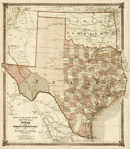 County Map of Texas, and Indian Territory, 1874 - Decorative Sepia White Modern Wood Framed Art Print with Double Matting by H.H. Lloyd & Co.