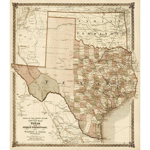 County Map of Texas, and Indian Territory, 1874 - Decorative Sepia White Modern Wood Framed Art Print by H.H. Lloyd & Co.