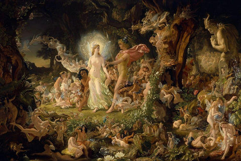 The Quarrel of Oberon and Titania White Modern Wood Framed Art Print with Double Matting by Paton, Sir Joseph Noel