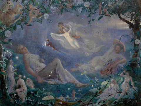 Scene from A Midsummer Nights Dream White Modern Wood Framed Art Print with Double Matting by Simmons, John