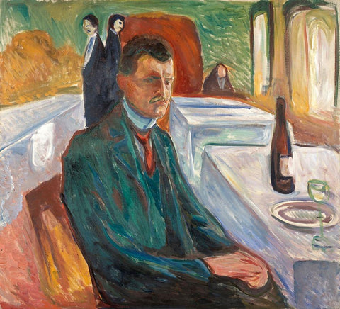 Self-Portrait with a Bottle of Wine, 1906 White Modern Wood Framed Art Print with Double Matting by Munch, Edvard