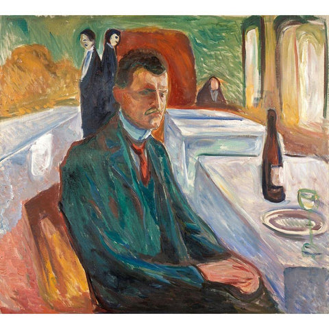 Self-Portrait with a Bottle of Wine, 1906 Black Modern Wood Framed Art Print with Double Matting by Munch, Edvard