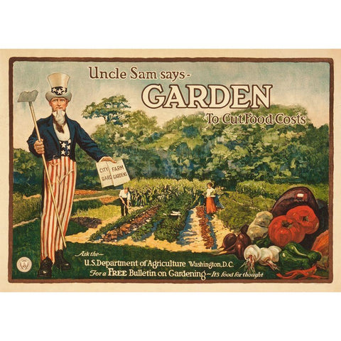 Uncle Sam says - garden to cut food costs, 1917 Gold Ornate Wood Framed Art Print with Double Matting by Unknown 20th Century American Artist