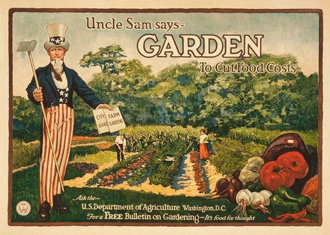 Uncle Sam says - garden to cut food costs, 1917 Black Ornate Wood Framed Art Print with Double Matting by Unknown 20th Century American Artist