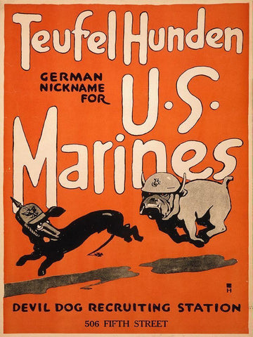 Teufel Hunden, German Nickname for U.S. Marines, 1917 Black Ornate Wood Framed Art Print with Double Matting by Unknown 20th Century American Artist