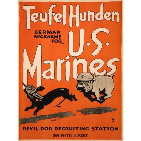 Teufel Hunden, German Nickname for U.S. Marines, 1917 White Modern Wood Framed Art Print by Unknown 20th Century American Artist