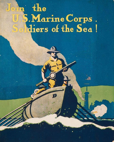 Join the U.S. Marine Corps Soldiers of the Sea!, 1914/1918 White Modern Wood Framed Art Print with Double Matting by Unknown 20th Century American Artist