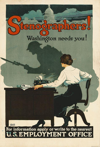 Stenographers! Washington Needs You!, ca. 1918 White Modern Wood Framed Art Print with Double Matting by Still, Roy Hull