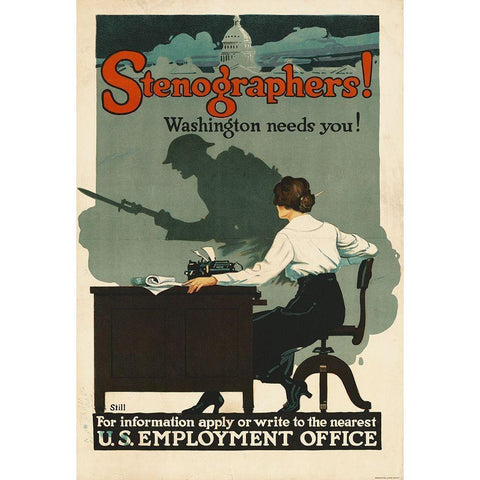 Stenographers! Washington Needs You!, ca. 1918 Black Modern Wood Framed Art Print with Double Matting by Still, Roy Hull