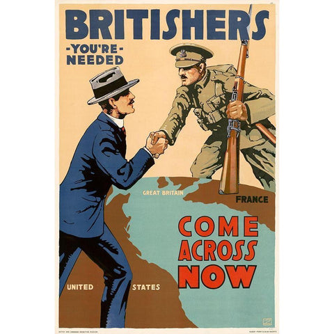 Britishers, Youre Needed--Come Across Now, 1917 Black Modern Wood Framed Art Print with Double Matting by Myers, Lloyd