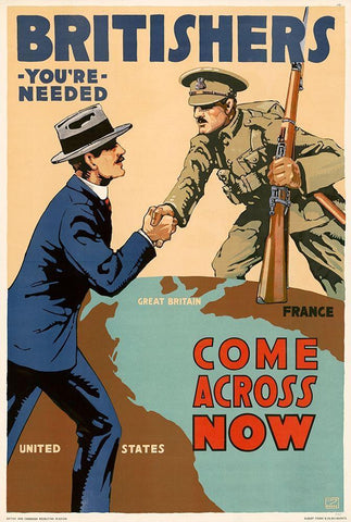 Britishers, Youre Needed--Come Across Now, 1917 Black Ornate Wood Framed Art Print with Double Matting by Myers, Lloyd