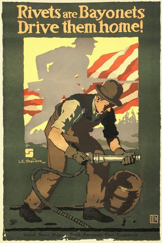 Rivets Are Bayonets - Drive Them Home!, 1917 Black Ornate Wood Framed Art Print with Double Matting by Sheridan, John E.