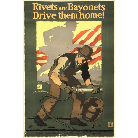 Rivets Are Bayonets - Drive Them Home!, 1917 Black Modern Wood Framed Art Print with Double Matting by Sheridan, John E.