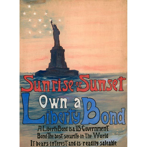 Sunrise or Sunset, Own a Liberty Bond, 1917 White Modern Wood Framed Art Print by DeLand, Eugenie