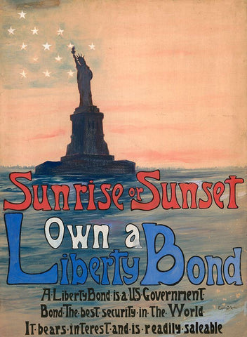 Sunrise or Sunset, Own a Liberty Bond, 1917 White Modern Wood Framed Art Print with Double Matting by DeLand, Eugenie