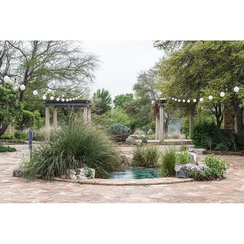Water feature in a courtyard at the Lady Bird Johnson Wildflower Center, near Austin, TX White Modern Wood Framed Art Print by Highmith, Carol