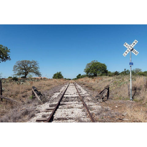 Lonely, little-used stretch of railroad tracks in the Texas Hill Country, near Burnet Black Modern Wood Framed Art Print by Highmith, Carol