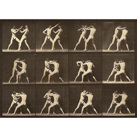 Motion Study: Men Fighting Gold Ornate Wood Framed Art Print with Double Matting by Muybridge, Eadweard J.