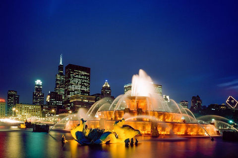 Dusk view of Buckingham Fountain in Chicago Illinois White Modern Wood Framed Art Print with Double Matting by Highsmith, Carol