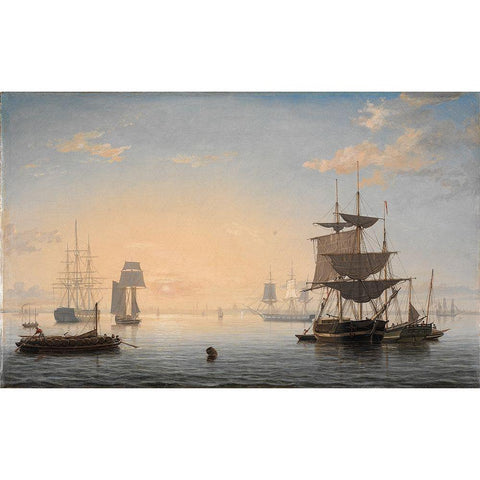 Harbor of Boston with the City in the Distance Gold Ornate Wood Framed Art Print with Double Matting by Lane, Fitz Henry