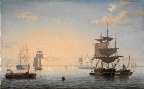 Harbor of Boston with the City in the Distance Black Ornate Wood Framed Art Print with Double Matting by Lane, Fitz Henry