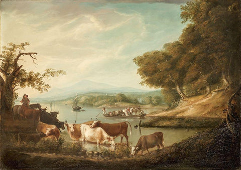 A Calm Watering Place Extensive and Boundless Scene with Cattle White Modern Wood Framed Art Print with Double Matting by Fisher, Alvan