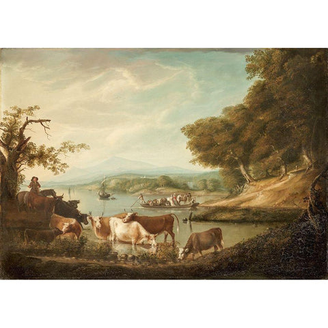 A Calm Watering Place Extensive and Boundless Scene with Cattle Black Modern Wood Framed Art Print with Double Matting by Fisher, Alvan