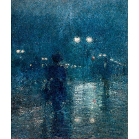 Fifth Avenue Nocturne Black Modern Wood Framed Art Print with Double Matting by Hassam, Childe